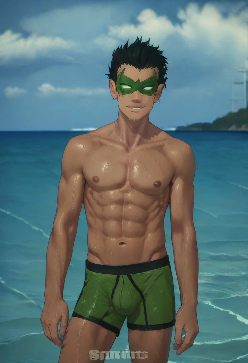 male swimwear, swim briefs, water, navel, beach, smile, nipples, wet skin, walking out of ocean, wet hair, very wet, abs, twink, Large Bulge, score_9, score_8_up, score_7_up, score_6_up <lora:vinceteaa_020_04v2-step00000400r:1> robin, 1boy, male focus, solo, short hair, black hair, green eyes, mask,