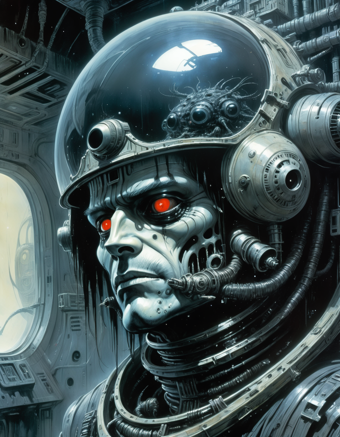 "Close-up, front-facing view of a scavenger, his face reflecting horror, within the chilling confines of a derelict space station. Sharp contrasts, lavishly intricate, drawing from H.R. Giger", surrealism, weird and pissed off, oil on canvas, dry brush, <lora:John Berkey Style:0.9>, John Berkey Style