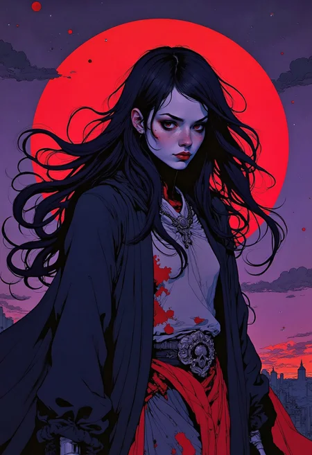 Bloodstained clothes , deity, armored female, medieval style, purple/red hues, ancient entity, vintage lighting, beautiful midnight sky, intergalactic cosmic entity, clean line work, high contrast, cell shading, evil, wicked smile , long black hair