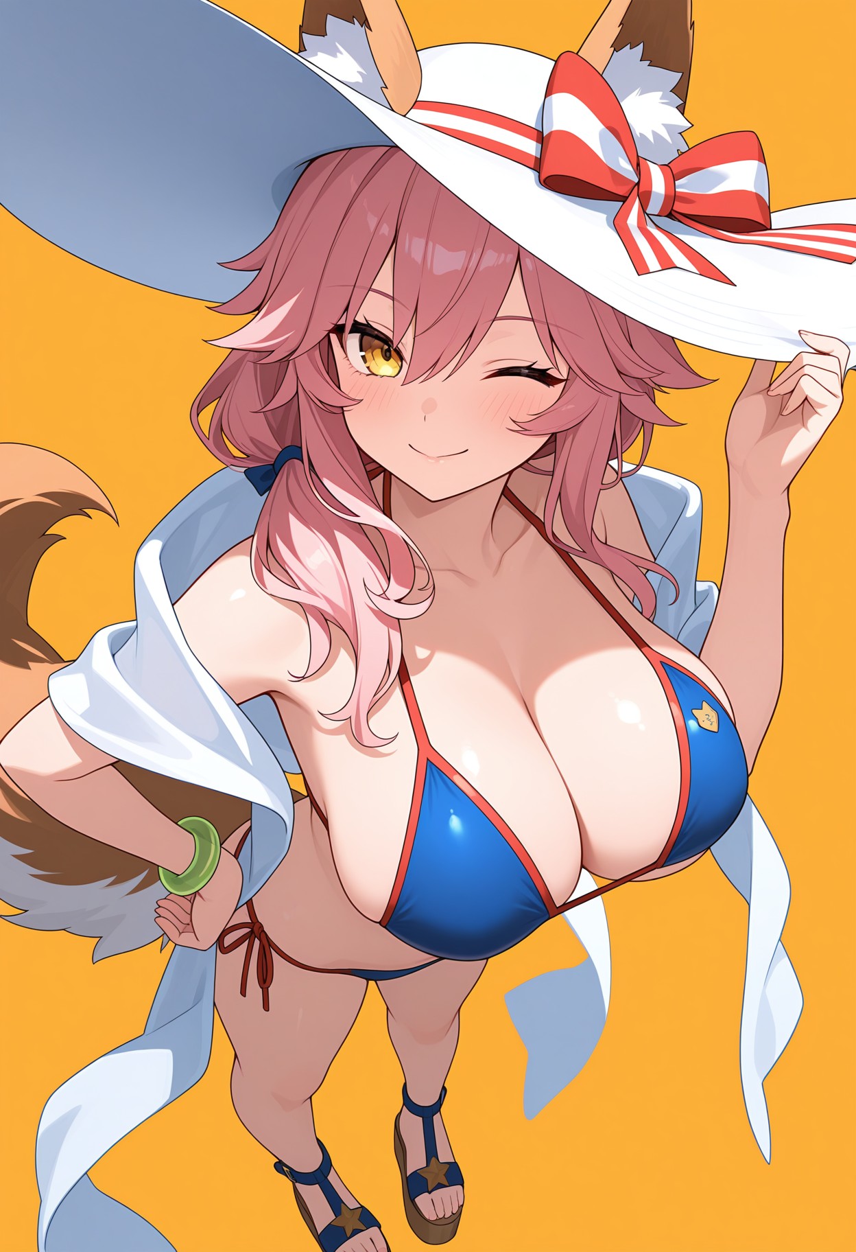 masterpiece, best quality, 1girl, solo, t4mamosumm3r, animal ears, animal ear fluff, ears through headwear, white sun hat, red hat ribbon, striped hat ribbon, yellow eyes, pink hair, long hair, hair between eyes, sidelocks, hair over shoulder, tied hair,  side-tie bikini bottom, blue bikini, string bikini, shawl, tail, large breasts, cleavage, orange background, platform sandals, wink, seductive smile, blush, full body, simple background, from above, standing, hand on hip,, <lora:96cabef7-fbf5-488d-b719-88ea7ef6f628:1.0>