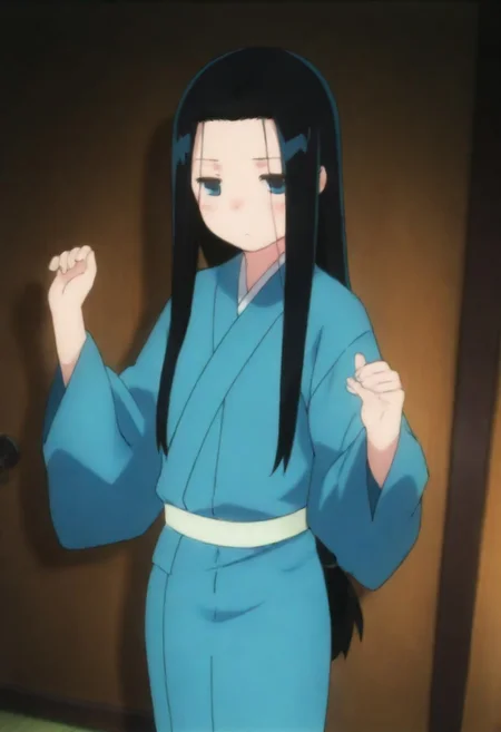 masterpiece, best quality, amazing quality,,, shiny skin,,,,,, anrakutei, blue_eyes, black_hair, very_long_hair, blue_kimono, long_sleeves, wide_sleeves,