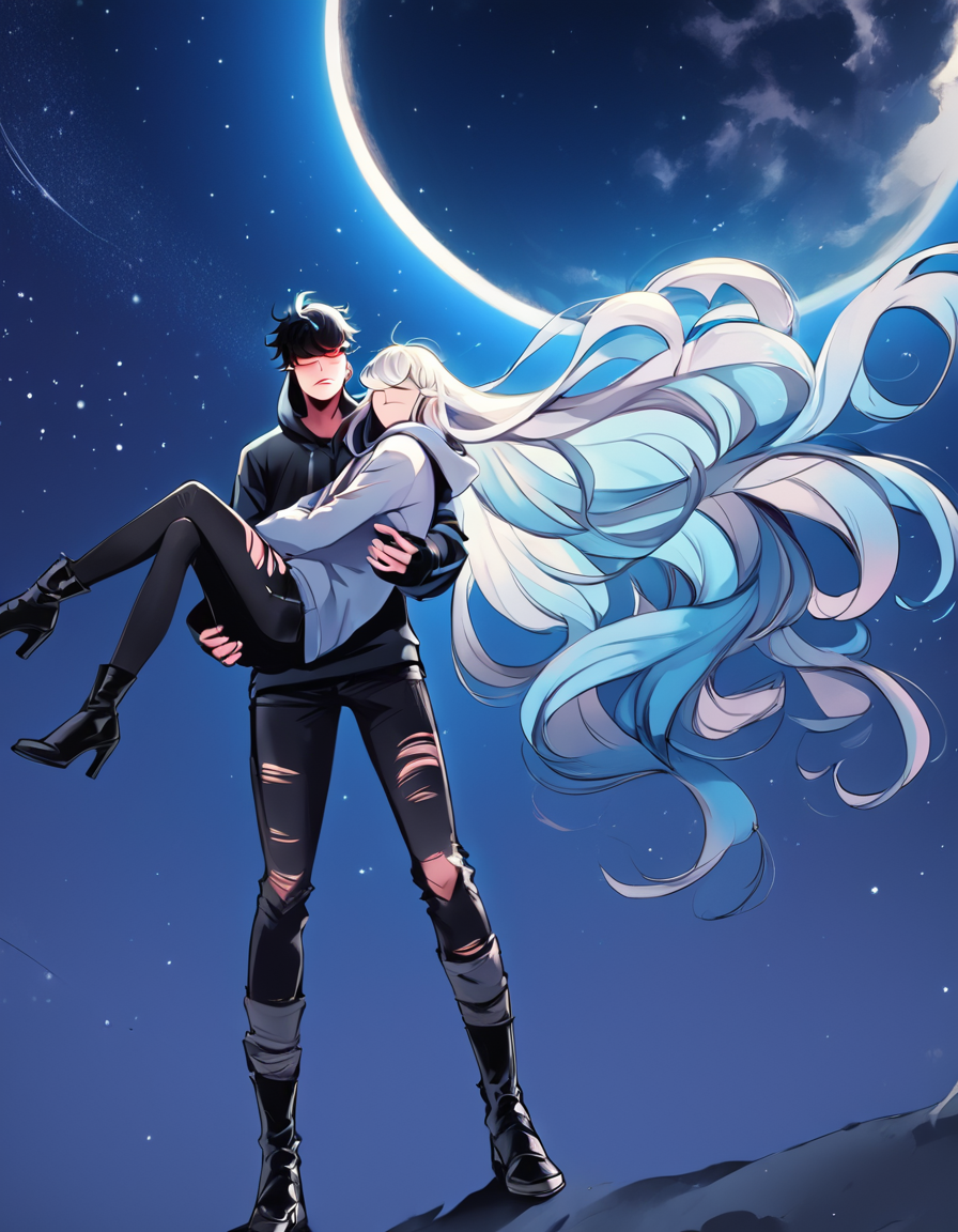 score_9, score_8_up, score_7_up,
source_anime,rating_safe,
sleeping female with very long blue hair, male with short white hair, human, clothing, clothed, boots, hair, high heels, shoes, eyes closed, torn clothing, anthro, carrying, hoodie, footwear, red eyes, mammal,  hi res, duo, topwear,
(romanticism:1.3), (galaxy, moon, starry sky, dark sky),
 <lora:Juder_Art_Style:1.2>
