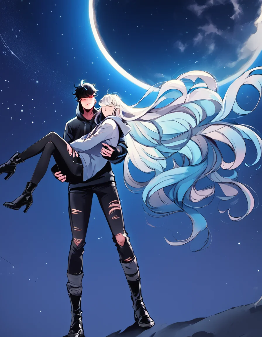 score_9, score_8_up, score_7_up,
source_anime,rating_safe,
sleeping female with very long blue hair, male with short white hair, human, clothing, clothed, boots, hair, high heels, shoes, eyes closed, torn clothing, anthro, carrying, hoodie, footwear, red eyes, mammal,  hi res, duo, topwear,
(romanticism:1.3), (galaxy, moon, starry sky, dark sky),
 <lora:Juder_Art_Style:1.2>