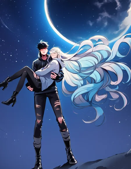 score_9, score_8_up, score_7_up,
source_anime,rating_safe,
sleeping female with very long blue hair, male with short white hair, human, clothing, clothed, boots, hair, high heels, shoes, eyes closed, torn clothing, anthro, carrying, hoodie, footwear, red eyes, mammal,  hi res, duo, topwear,
(romanticism:1.3), (galaxy, moon, starry sky, dark sky),
 <lora:Juder_Art_Style:1.2>