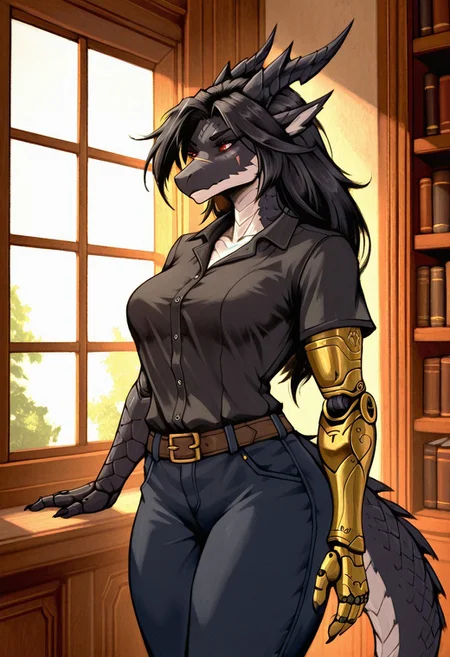 solo, furry, mature, dragon woman, black scales, long black hair, black scales, scar on the top of her snout, red eyes, calm expression, (((fantasy style metal prosthetic as her left arm:1.35))), wearing a black button shirt and pants, in a library, standing infront of the window, looking out the window, styleakramness, vehn