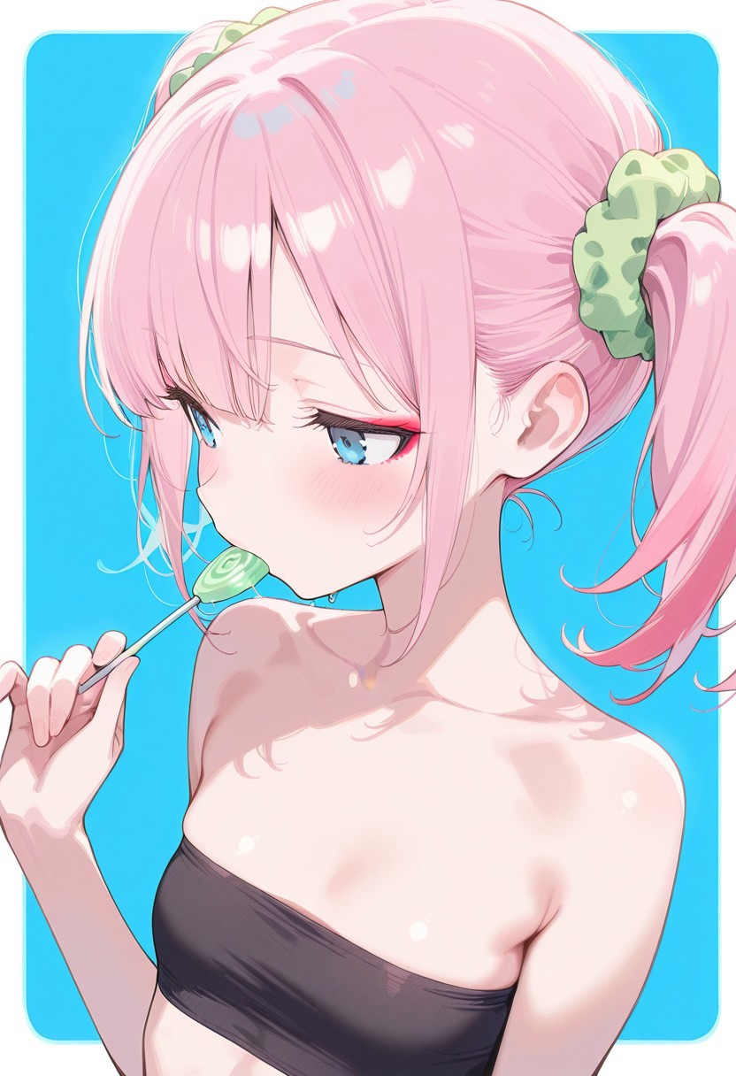 masterpiece, best quality, 1girl, solo, skinny, flat breasts, blue eyes, (pink candy hair, two pigtails), green elastic scrunchie, makeup, blush, black tube top, sucking green lollipop, lollipop in mouth, holding, portrait, blue background,