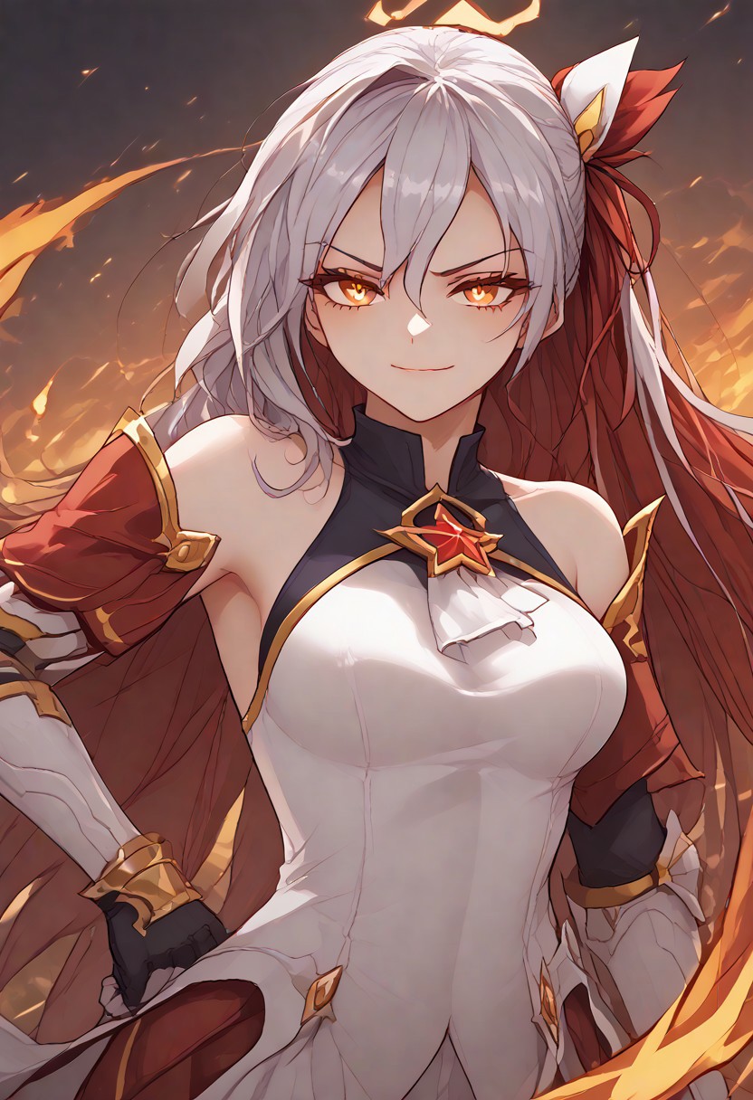 best quality, anime style, 1girl, silver hair, red glowing hair locks, solo, symbol-shaped pupils, yellow eyes, star guardian (league of legends), bare shoulders, white dress, golden dress, waero, long hair, El_Mas, armored dress, star (symbol), multicolored hair, busty, big tits, glowing hair, glowing eyes, gold armor, metal glow, shoulder armor, armor, fire, fire halo, fire magic, jewelry, flames, fire aura, dynamic pose, colorful, El_Flm, fire hair, smirking, shoulderguards, metal gloves, white necktie