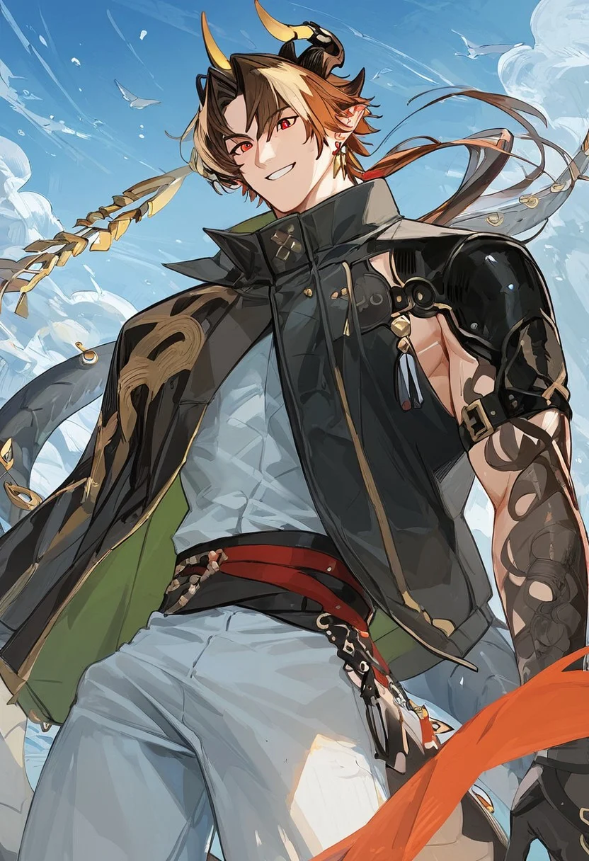 score_9_up, score_8_up, score_7_up, best quality, amazing quality, best aesthetic, chongyue_ak, low ponytail, horns red eyes, brown hair, streaked hair, pointy ears, horns, sleeveless, white shirt, white pants, black jacket, dragon tail. from below, smile, outside, sunny, expressiveh