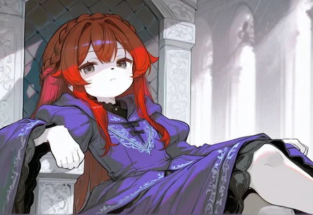 masterpiece, best quality, amazing quality, very aesthetic, absurdres, newest, cvle01, CHOo1NE_illu, nistyle,
BREAK,
1girl, solo, flowing red hair, princess crown braid, pale skin, ornate purple gown, small nose, furry lined clothing, scintillating jewel clothes, sitting, legs crossed, leaning back, relaxed, sloppy posture, mouth open, looking at viewer, slight frown,
BREAK, royal background, black and white throne room, throne, daylight, rays of light, two-tone background, clean lines, cold color theme, depth of field, detailed background, highly detailed, evocative composition