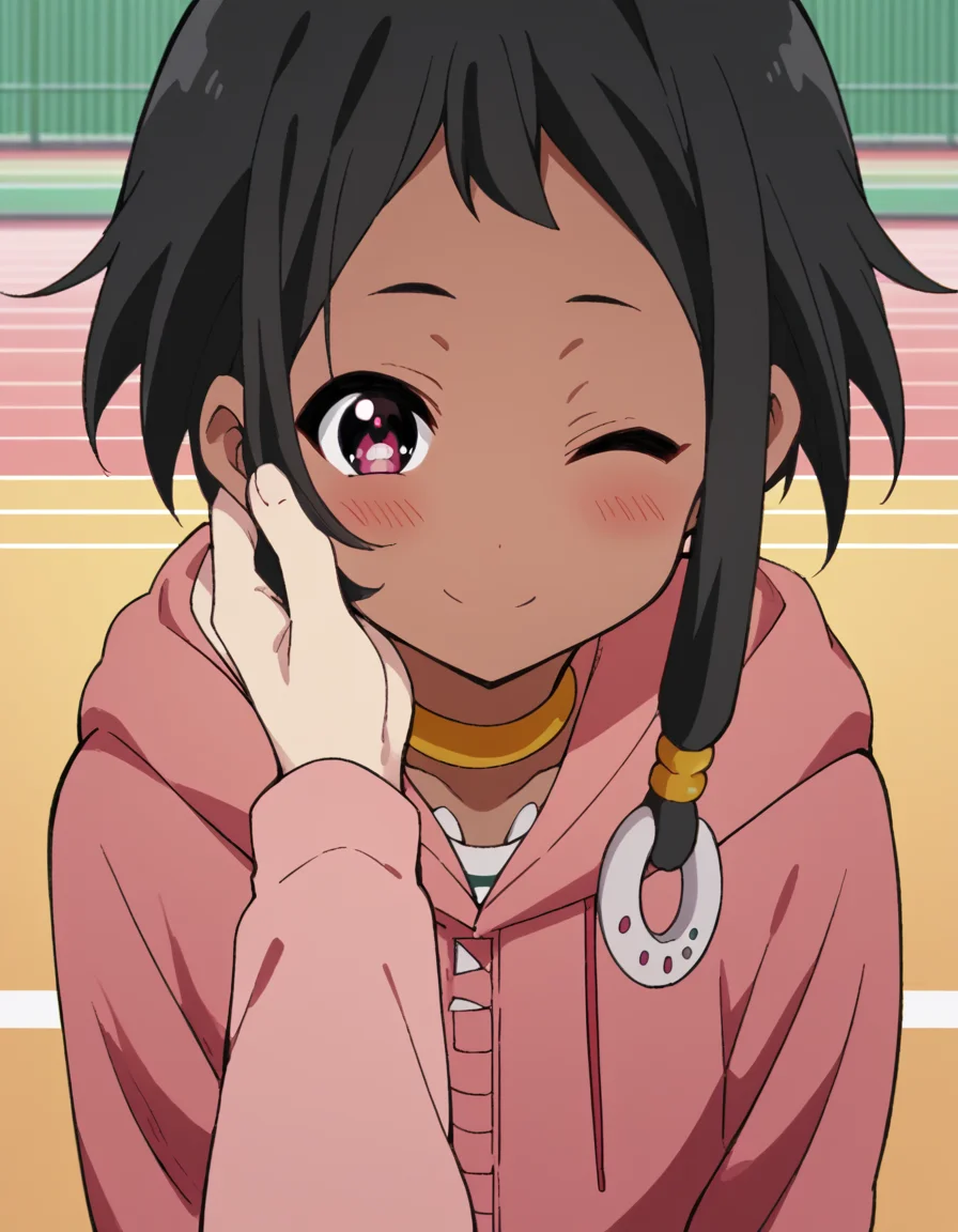 score_9, score_8_up, score_7_up, source_anime, <lora:choi-mochimazzi-s1-ponyxl-lora-nochekaiser:1>, choi mochimazzi, short hair, black hair, dark skin, dark-skinned female, pink eyes, sidelocks, jewelry, hoodie, pink hoodie, skirt,, roller coaster, tracks, speed, fun, thrill, , <lora:guided-hand-on-cheek-ponyxl-lora-nochekaiser:1>, guided hand on cheek, hand grab, hand on another's cheek, hand on another's face, looking at viewer, pov, pov hands, smile, blush, one eye closed, caress, caressing cheek, looking at viewer, solo,, dutch angle, cowboy shot