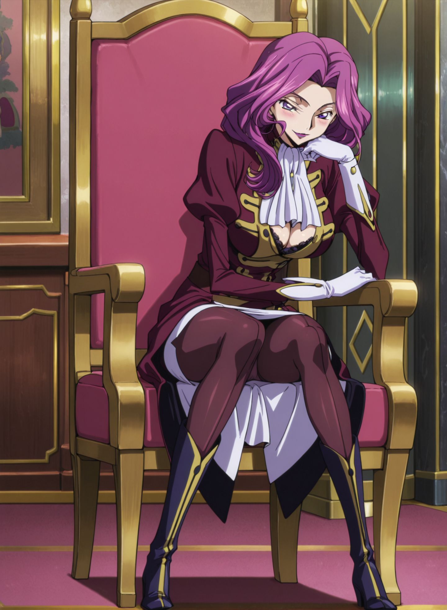 masterpiece,best quality,anime coloring,anime screenshot,
<lra:bra_peek:1>bra_peekV1,
1girl,pantyhose, blush, solo,
skirt,panties,  (bra peek:1.4), black lace bra, seductive smile, 
panty shot, sexy pose,sitting,  chair, legs apart, head rest, 
full body, 
mm,mature female,purple hair,purple eyes,lipstick,large breasts,anime coloring, s1,wavy hair,s1 uniform,ascot,gloves,boots,<lora:Cornelia_li_Britannia-Code_Geass:0.8>
code geass, official art,