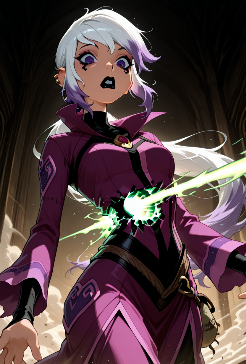 <lora:charmov:1> charmov, long hair, ponytail, , white hair,, 1girl, multicolored hair, purple eyes, ear piercing, two-tone hair, makeup, solo, long sleeves, black lips, purple jacket, long jacket, popped collar, facial expression, dynamic pose <lora:disintegrate_ray:1> disintegrate_ray, body hole, masterpiece, best quality, amazing quality, very aesthetic, absurdres, newest,