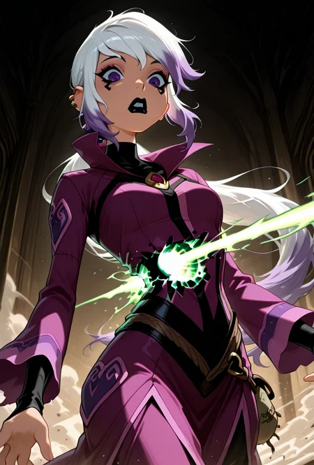 <lora:charmov:1> charmov, long hair, ponytail, , white hair,, 1girl, multicolored hair, purple eyes, ear piercing, two-tone hair, makeup, solo, long sleeves, black lips, purple jacket, long jacket, popped collar, facial expression, dynamic pose <lora:disintegrate_ray:1> disintegrate_ray, body hole, masterpiece, best quality, amazing quality, very aesthetic, absurdres, newest,