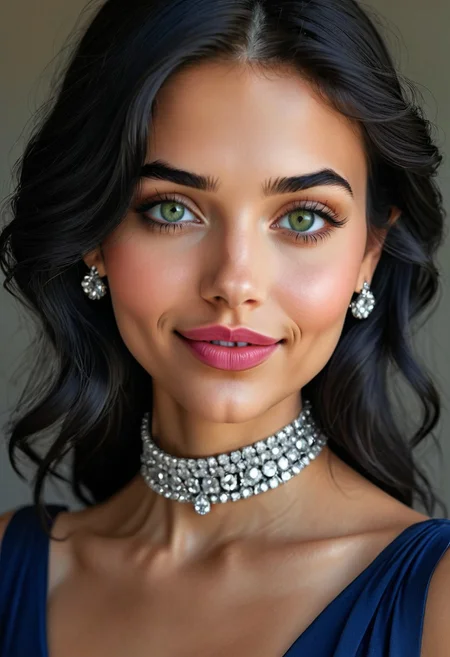 photorealistic, epic realism, (masterpiece), (Realistic photo), (High quality), (RAW photo 8k), (upper body), (Photography by Steve McCurry), incredibly absurdres, young, supermodel, 1girl, solo, ((upper body:1.4)), ((portrait, looking at the viewer)), (outline defined full lips:1.4), (green/hazel eyes), perfect symmetrical eyes, long eyelashes, wearing an indigo haute couture dress, neckline, diamond choker, diamond stud earrings, sparkle, (highly detailed, intricate), ((black hair:1.4), modern hairstyle, hair intakes, (healthy hair, silky hair, voluminous hair)), ((natural, eyeliner, pink lipstick, seductive smiling expression, closed mouth, closed lips, highly detailed face)), (exceptional Detail Clarity, dynamic angle, DSLR, hyper-detailed), (fine details, sharp focus, depth of field).