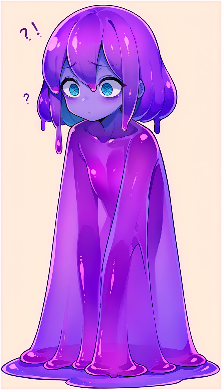 slime girl, monster girl, purple skin, @ @, confused, poking  <lora:slime_girl_pony:1> score_9, score_8_up, score_7_up, score_6_up, score_5_up, score_4_up, source anime, transparent body, slime \(substance\),