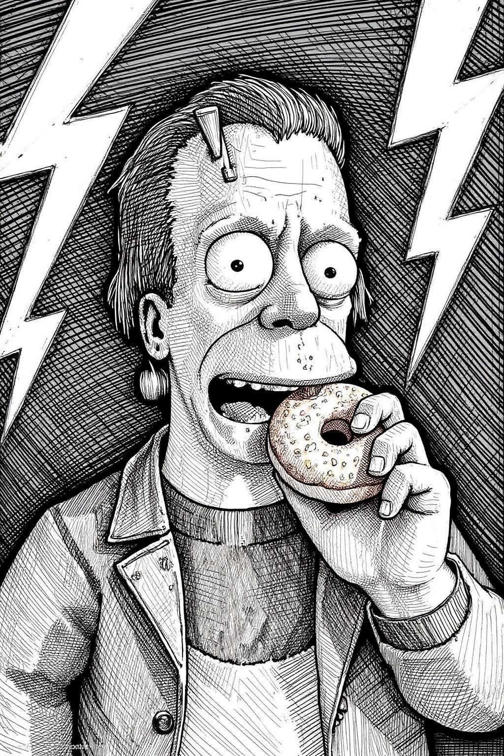 crosshatch black and white drawing. Homer Simpson dressed as Frankenstein, eating a doughnut during a thunderstorm <lora:crosshatch2_nocap_d6a3:1.0><lora:809159263185530172:0>