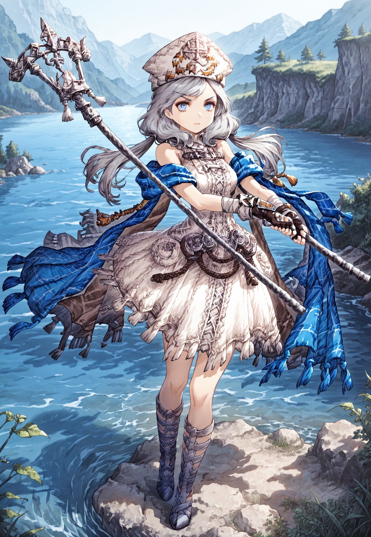 1girl, solo, staff ,hat, long hair, fingerless gloves, blue eyes , holding staff ,dress ,twintails,cadia, thigh shoes ,bandage shoes ,rope, scarf around arms ,pattern on clothes, split cape, grey hair ,anime art ,2 big buttons on dress ,buckleless belt over chest, outside, river