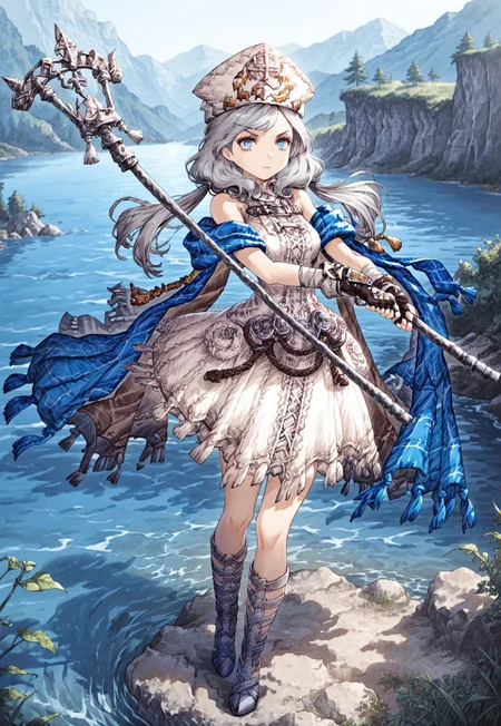1girl, solo, staff ,hat, long hair, fingerless gloves, blue eyes , holding staff ,dress ,twintails,cadia, thigh shoes ,bandage shoes ,rope, scarf around arms ,pattern on clothes, split cape, grey hair ,anime art ,2 big buttons on dress ,buckleless belt over chest, outside, river