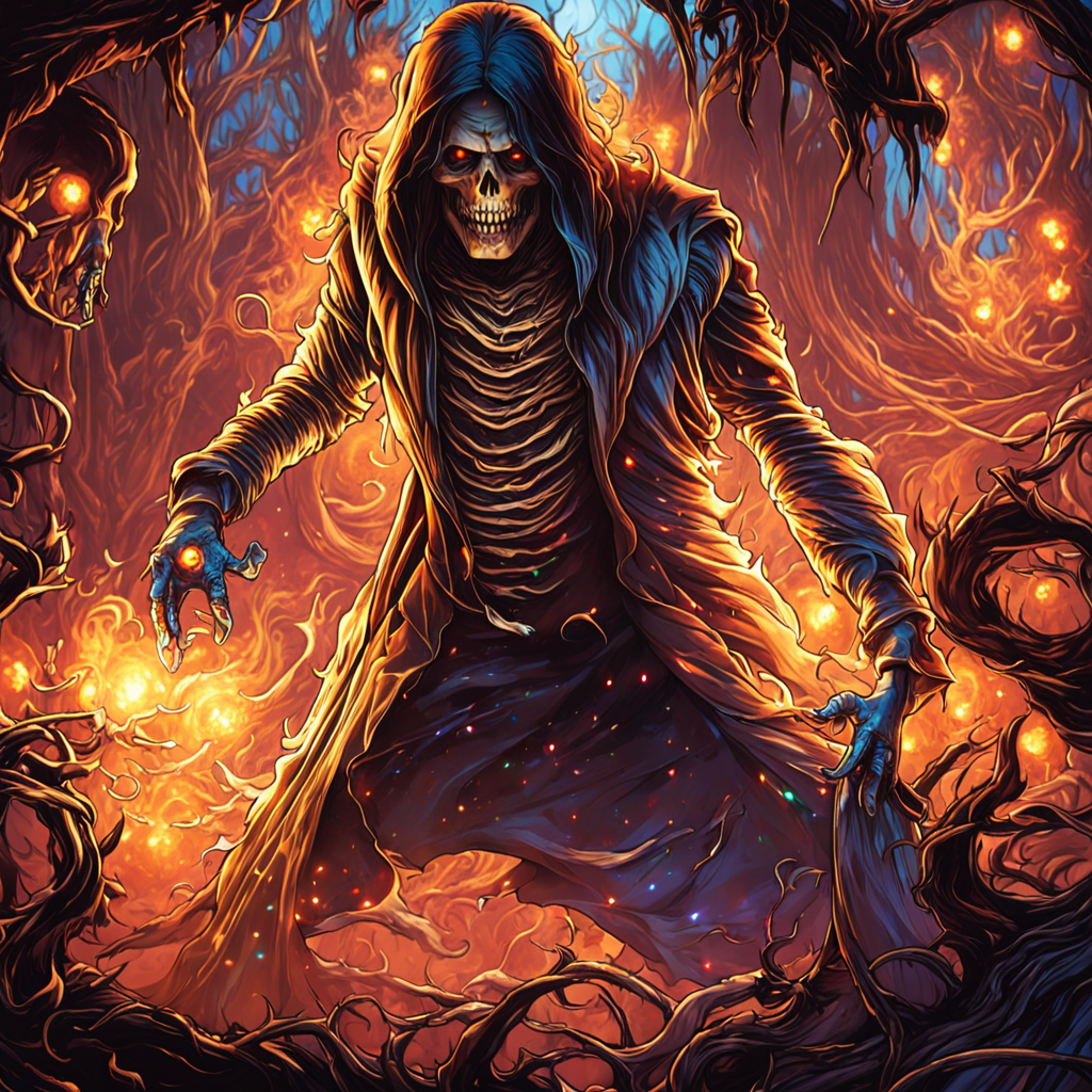 professional 3d model breathtaking anime artwork skeleton mage deep glowing eyes casting a (fire spell:1.4) wearing tethered appeal, horrible terror, gore, blood,   in a (dark:1.3) dungeon by  dnmumfrd <lora:dan_mumford_v09:1.7>  cornell box . key visual, vibrant, studio anime, highly detailed . award-winning, professional, highly detailed . octane render, highly detailed, volumetric, (dramatic lighting, rim lighting:3), (dark horror theme:3) (illustration:2), (cracked skull:1.5) cel shading, (perfect drawing:2), cinematic film still  . shallow depth of field, vignette, highly detailed, high budget, bokeh, cinemascope, moody, epic, gorgeous, film grain, grainy, breathtaking  . award-winning, professional, highly detailed, horror-themed  . eerie, unsettling, dark, spooky, suspenseful, grim, highly detailed, disco-themed  . vibrant, groovy, retro 70s style, shiny disco balls, neon lights, dance floor, highly detailed, long exposure photo of  . Blurred motion, streaks of light, surreal, dreamy, ghosting effect, highly detailed