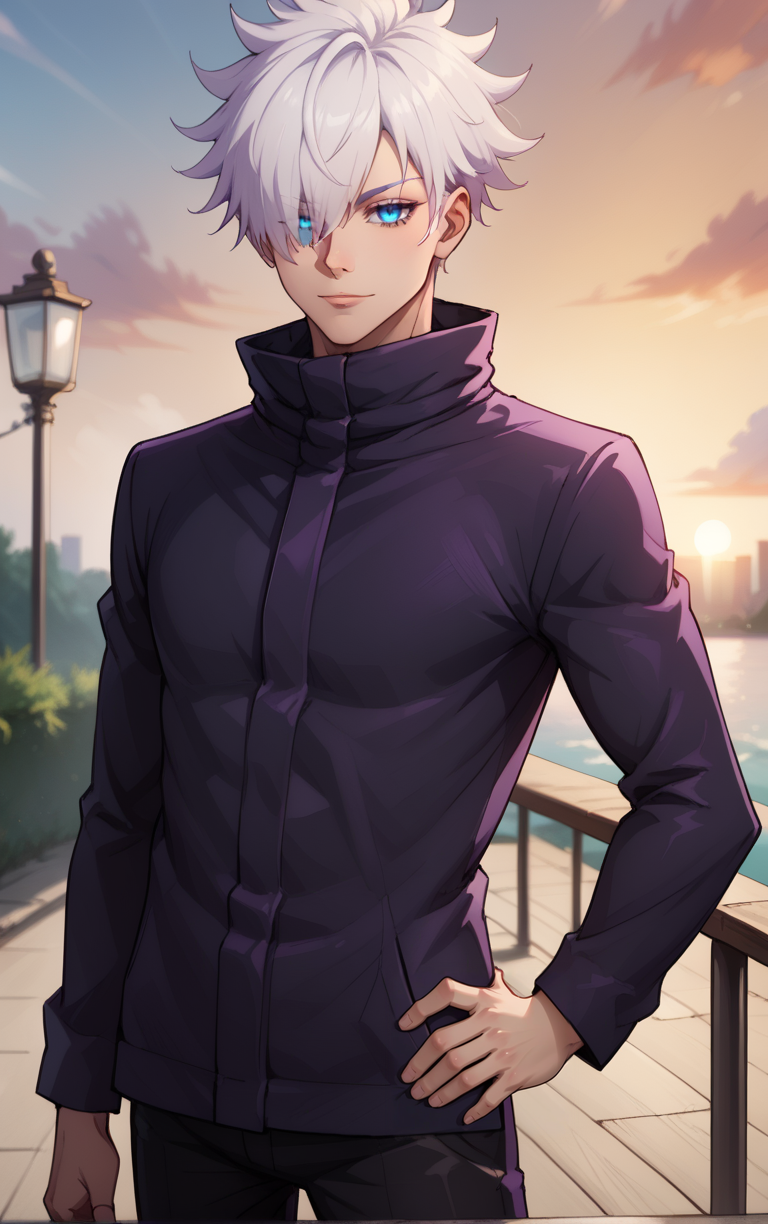 score_9, score_8_up, score_7_up, score_6_up,  solo, looking at viewer, BREAK
NoMaskedWhitehair_GojouSatoru_ownwaifu,
1boy, gojou satoru, male focus, white hair, short hair, bangs, blue eyes, hair between eyes, colored eyelashes, hair over one eye, spiked hair, 
high collar, black jacket, long sleeves, black pants, 
(contrapposto, hand on hip), sunset, sidelighting, outdoors, <lora:PONYXL_JujutsuKaisen_GojouSatoru_ownwaifu:1> , depth of field 
,