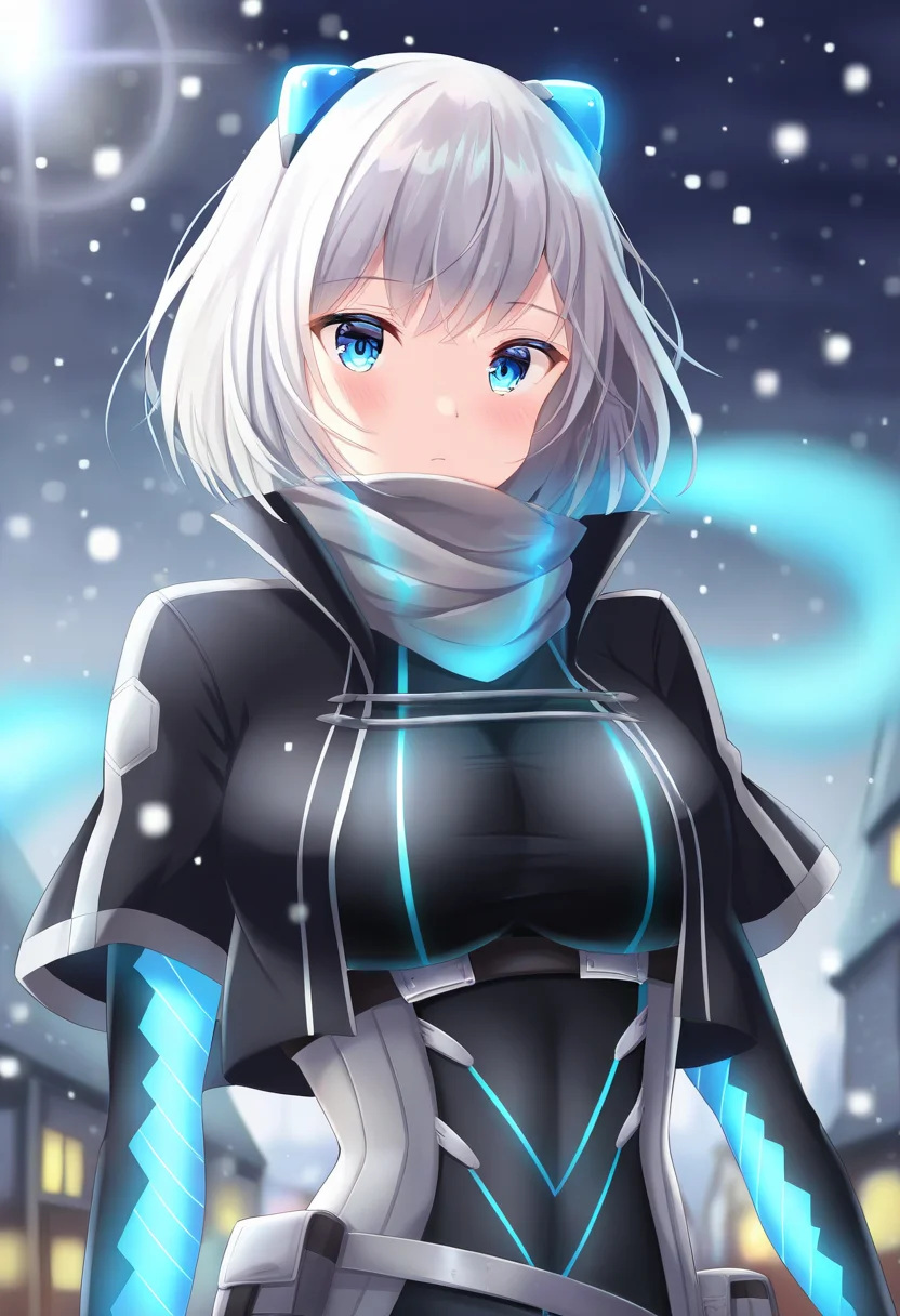 (masterpiece), (best quality), (ultra-detailed), amazing quality, very aesthetic, illustration, perfect composition, intricate details, absurdres, incredibly absurdres, lens flare, bokeh, light particles, bloom, chromatic aberration, diffraction spikes,
1girl, solo,
icey, blue eyes, grey hair, short hair, fake animal ears,
neon trim, grey scarf, cropped jacket, black jacket, black bodysuit, blue gloves, multiple belts, short shorts, taut clothes,
upper body, snowing, town,
<lora:icey.ilxl:1>