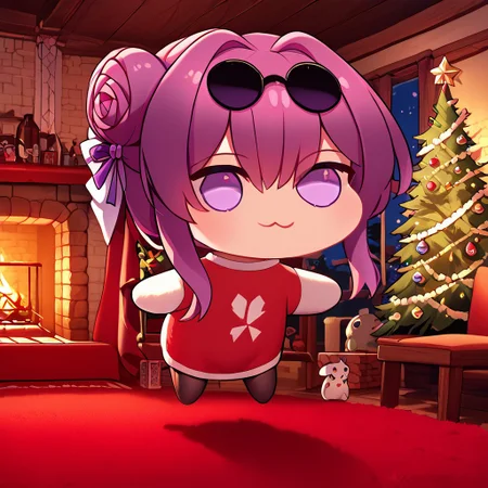 score_9, score_8_up, score_8,
zzNill, 
BREAK,
zzKafka, purple_hair, purple_eyes,
doro, creature, :3, chibi, pink hair, purple eyes, hair bun, hair bow, no humans, solid circle eyes,
zPDXL,
chrlib, scenery, indoors, living room, night, oven, christmas tree, christmas ornaments, red carpet