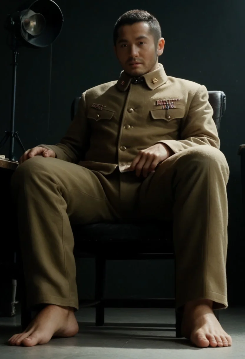 score_9, score_8_up, score_7_up, score_6_up, perfect anatomy, high_resolution, photorealistic, 
(male focus), frontal view, facing camera, view from below
Dashu, handsome asian male, masculine, manly, mature, long face, legs spread wide apart, full uniform, uniform pants, bare feet, bulge, sitting pose, military chair, background military base