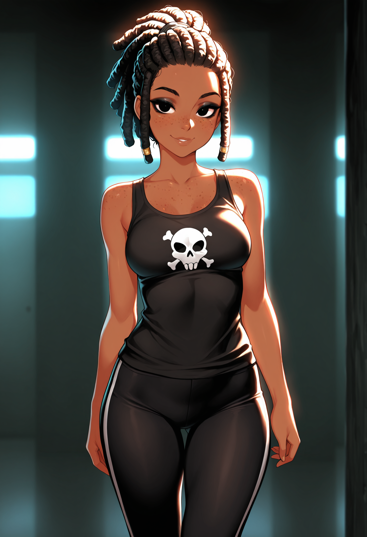 masterpiece, best quality, amazing quality, absurdres, vibrant lighting, front view, standing, mid shot, adult female, 1girl, solo, brown skin, black eyes, eyeliner, full lips, smile, freckles, short hair, ponytail, dreadlocks, petite, medium breasts, freckles, black tank top, skull logo, black leggings,