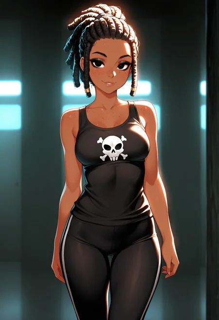 masterpiece, best quality, amazing quality, absurdres, vibrant lighting, front view, standing, mid shot, adult female, 1girl, solo, brown skin, black eyes, eyeliner, full lips, smile, freckles, short hair, ponytail, dreadlocks, petite, medium breasts, freckles, black tank top, skull logo, black leggings,