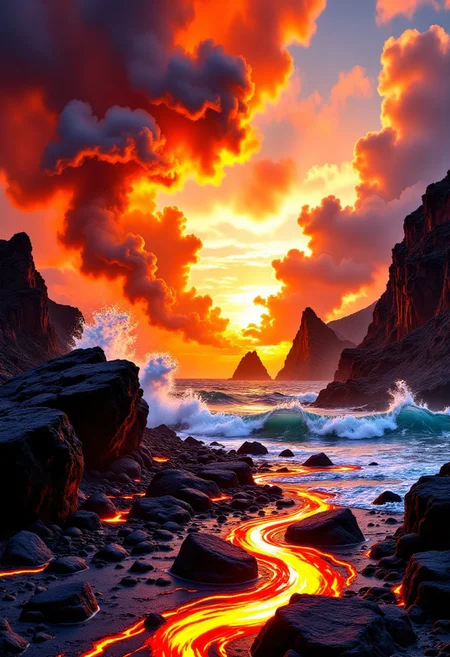 “Dynamic ink‑and‑wash panorama of an elemental cataclysm: lava torrents clashing with tidal waves, black sumi ink splashes on molten rock, fiery orange and cobalt pigments swirling at horizon, borderless energy.”
, aidmaHiDreamStyle, aidmaHyperrealism,