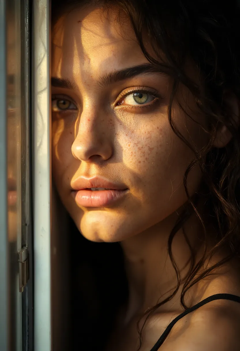 d3m1, beautiful 20yo mediterranean woman, ultra-realistic, detailed olive skin texture with subtle freckles, stark white light coming from an open refrigerator door below, casting sharp upward shadows, smooth shading, calm natural pose, ultra-realistic striking green-blue eyes, high-detailed curly dark brown hair, looking into the fridge, dark kitchen background, Southern European facial features, slim build, thick dark eyebrows, full lips with a natural tone, average breasts, elegant and minimalistic expression, delicate features, natural look, no makeup