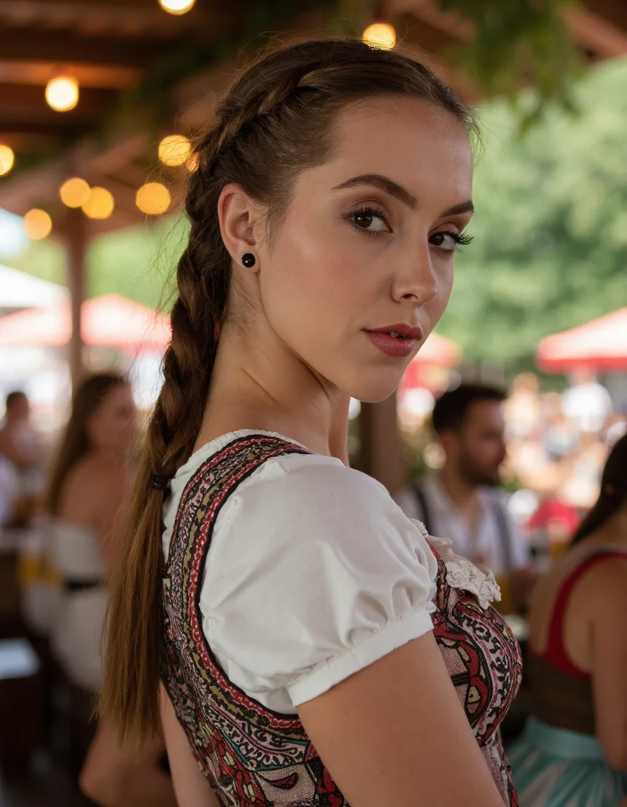 **Prompt:**
A woman stands proudly in front of a traditional Bavarian backdrop, her long braid cascading down her back like a waterfall. She wears a intricately detailed dirndl attire, complete with delicate lace and embroidery, perfectly capturing the essence of Oktoberfest. Side view.
The camera captures her from a 45-degree angle, emphasizing her slender neck and shoulders as she gazes directly at the viewer. Soft, warm light from a nearby lantern casts a flattering glow on her skin, accentuating her high cheekbones and full lips.
In the background, the real Oktoberfest festivities unfold: revelers in traditional attire dance and sing around tables laden with steins of beer, while others play lively tunes on accordions and brass instruments. The atmosphere is electric, with vibrant colors and sharp lines that create a sense of depth and dimensionality.
As the camera lingers, it becomes clear that this woman is not just any festival-goer â she's the star of the show. Her dirndl attire is immaculately detailed, from the intricate patterns on her apron to the delicate flowers in her hair. Every stitch, every thread, every detail is meticulously rendered, creating a photorealistic masterpiece.
In a stunning double exposure effect, the woman's image is superimposed over a blurred background of revelers and festivities, creating an otherworldly sense of presence. The result is a truly cinematic scene that transports the viewer to the heart of Oktoberfest.
**Technical Specifications:**
* Resolution: 16k UHD
* Aspect Ratio: 1:1
* Frame Rate: 24fps
* Color Space: Rec. 2020
* Lighting: Soft, warm natural light with subtle highlights and shadows
This image is a true masterpiece, showcasing the artist's skill and attention to detail in capturing the essence of Oktoberfest. With its ultra-sharp lines, intricate details, and photorealistic quality, it's sure to be an award-winning work that leaves a lasting impression on all who see it.