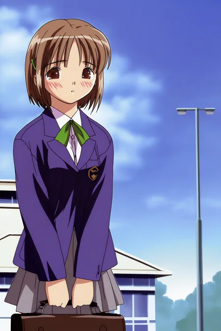 masterpiece, best quality,  absurdres, highres, cinematic light, 1girl,  <lora:chise:1> chise_wz, short hair, brown hair, hair ornament, brown eyes, medium breasts, neck ribbon, green ribbon, blue blazer, collared shirt, grey skirt, pleated skirt, school uniform, 2000s \(style\), standing, looking at viewer, blush, outdoors, school, school bag, holding bag,  blue sky, v arms, cowboy shot,