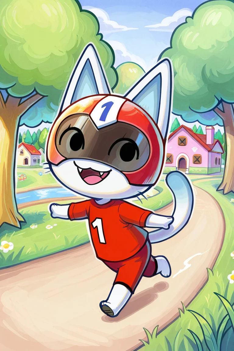 kCatIL, white fur, black eyes,, cat,happy, helmet, anthro, furry male, solo, 1boy, full body, sharp eyes, high quality,detailed face, detailed eyes, absurdres,standing,ynistyle, watercolor, fangs, cat, fluffy tail, long fluffy tail, red shirt, looking at viewer, small town, animal crossing town, houses, trees, park, smile, open mouth, 2d, cartoon, trees, running, dynamic angle, dynamic pose, full body