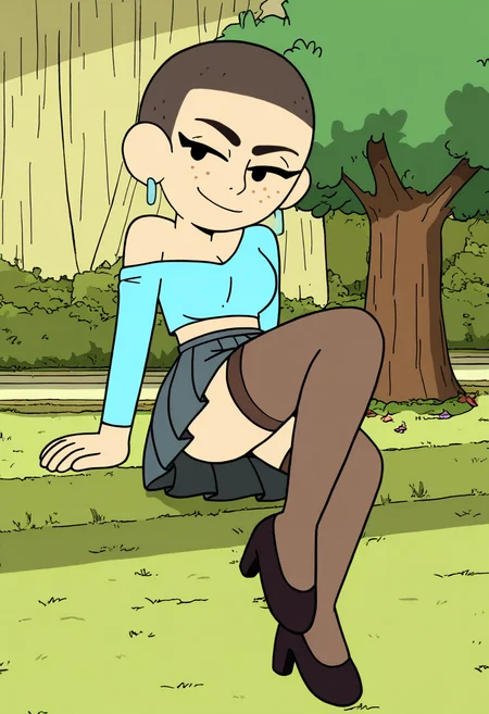 masterpiece, best quality, absurdes, 1girl, solo, rating_explicit, full body,
source_cartoon,
<lora:Kat (Craig of the Creek) (Illust):0.8> Kat_CotC, black eyes, freckles, very short hair, smile, black eyes,
beautiful, cute, crop top, off shoulder, pleated skirt, thigh highs, high heels, outdoors, smug, mature female, medium breasts,
<lora:Detailer_NoobAI_Incrs_v1:0.6> detailed,