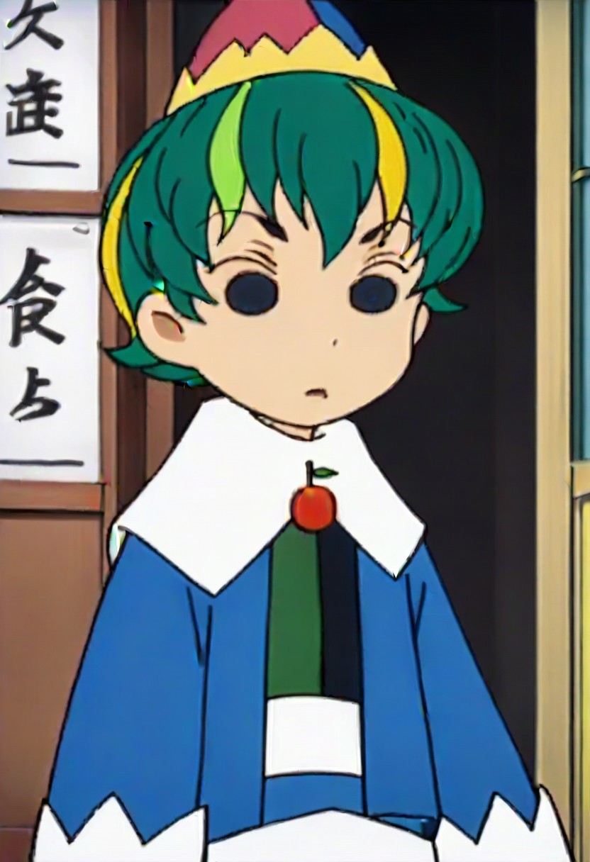 hat, green hair, multicolored hair, long sleeves, short hair, cherry, fruit, 1girl, blonde hair, black eyes,,,,,,,,,,, ,,,,,anime coloring,anime screencap, 1girl,Solo ,, anime,,,,official art, Uncensored ,Unedited ,,,,, ,,,,,,