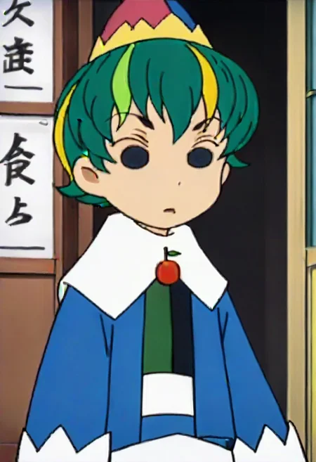 hat, green hair, multicolored hair, long sleeves, short hair, cherry, fruit, 1girl, blonde hair, black eyes,,,,,,,,,,, ,,,,,anime coloring,anime screencap, 1girl,Solo ,, anime,,,,official art, Uncensored ,Unedited ,,,,, ,,,,,,