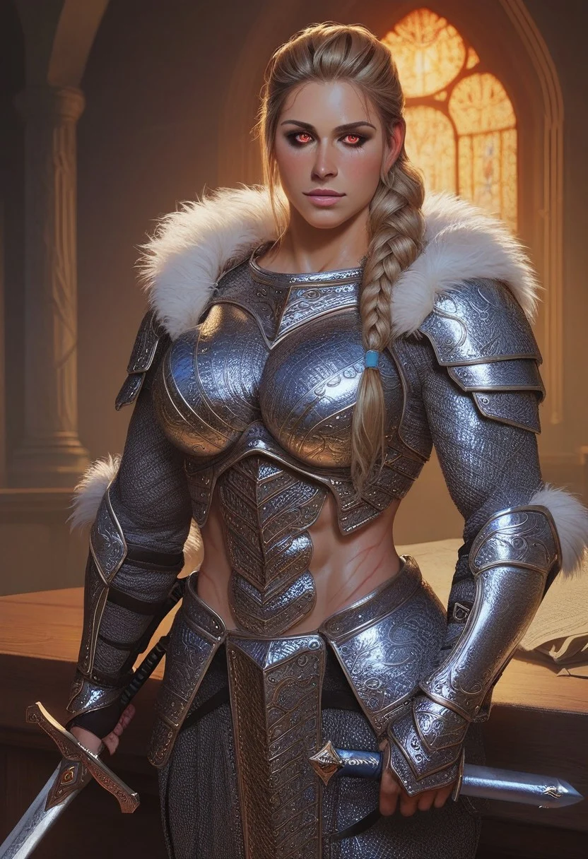 Score_9, Score8_up, Score_7_up, (((High Resolution, Best Quality))),
1girl, solo, beautiful face, lean muscle, muscle mass, warpaint, detailed eyes, red eyes, braided ponytail, White armor, Royal armor, detailed etchings in armor, chainmail, large breasts, royal guard, many scars, fur lined, wide hips, toned, tattoo, jewelry, beautiful lights, Lying ontop of viewer, laying on viewers chest, inside royal castle, standing vigilant, cowboy shot, holding a sword, grasping a sword, sword impailed in table, sword on table,