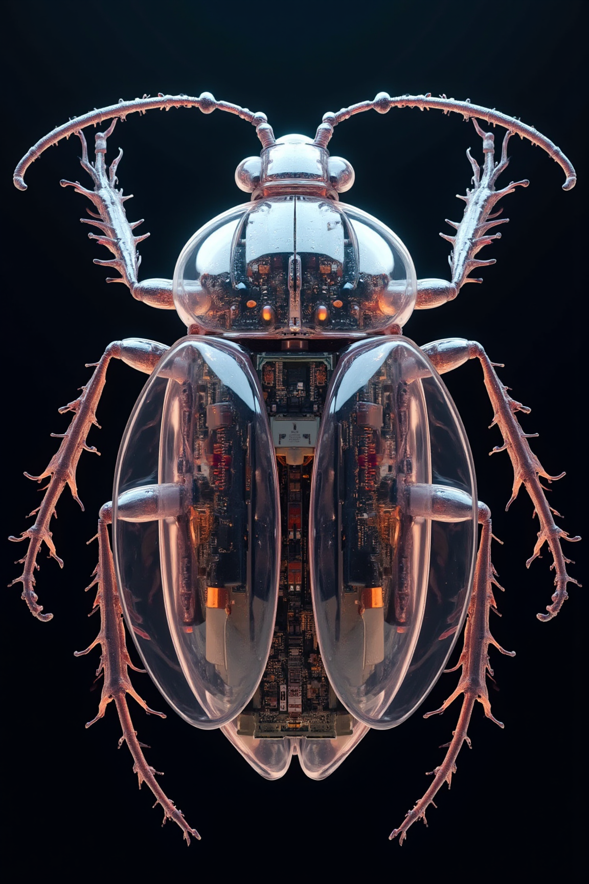 Acrylic, Translucent style, astonishingly detailed image of a whimsical bug constructed from various electronic and PC parts. The bug should have a mainboard for its body, with GPU and CPU components making up its wings and head. Its legs are formed from intricate circuits, electronic resistors, and capacitors. The scene should be rendered in photo-realism with a touch of fantasy concept art, showcasing amazing depth and sharp focus. The lighting is cinematic and sinister, casting dark shadows that enhance the sci-fi atmosphere. The overall composition is perfectly balanced with complementary colors, highlighting the bug's intricate details. Hyper-detailed, smooth, and with an eerie, captivating look that evokes both fascination and a hint of unease.