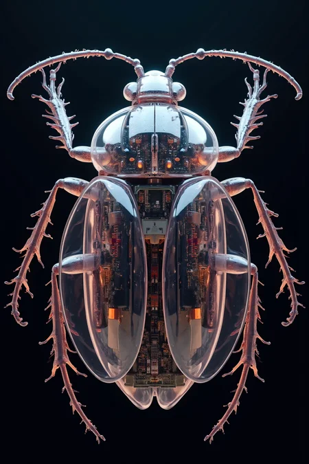 Acrylic, Translucent style, astonishingly detailed image of a whimsical bug constructed from various electronic and PC parts. The bug should have a mainboard for its body, with GPU and CPU components making up its wings and head. Its legs are formed from intricate circuits, electronic resistors, and capacitors. The scene should be rendered in photo-realism with a touch of fantasy concept art, showcasing amazing depth and sharp focus. The lighting is cinematic and sinister, casting dark shadows that enhance the sci-fi atmosphere. The overall composition is perfectly balanced with complementary colors, highlighting the bug's intricate details. Hyper-detailed, smooth, and with an eerie, captivating look that evokes both fascination and a hint of unease.