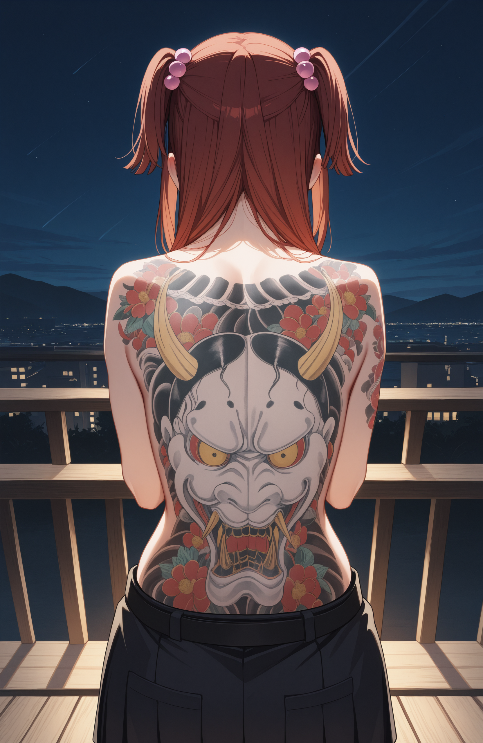 masterpiece, best quality, 1girl, back tattoo, outdoors,topless, ushiromiya ange,  from behind, night,    <lora:Hannya:1>