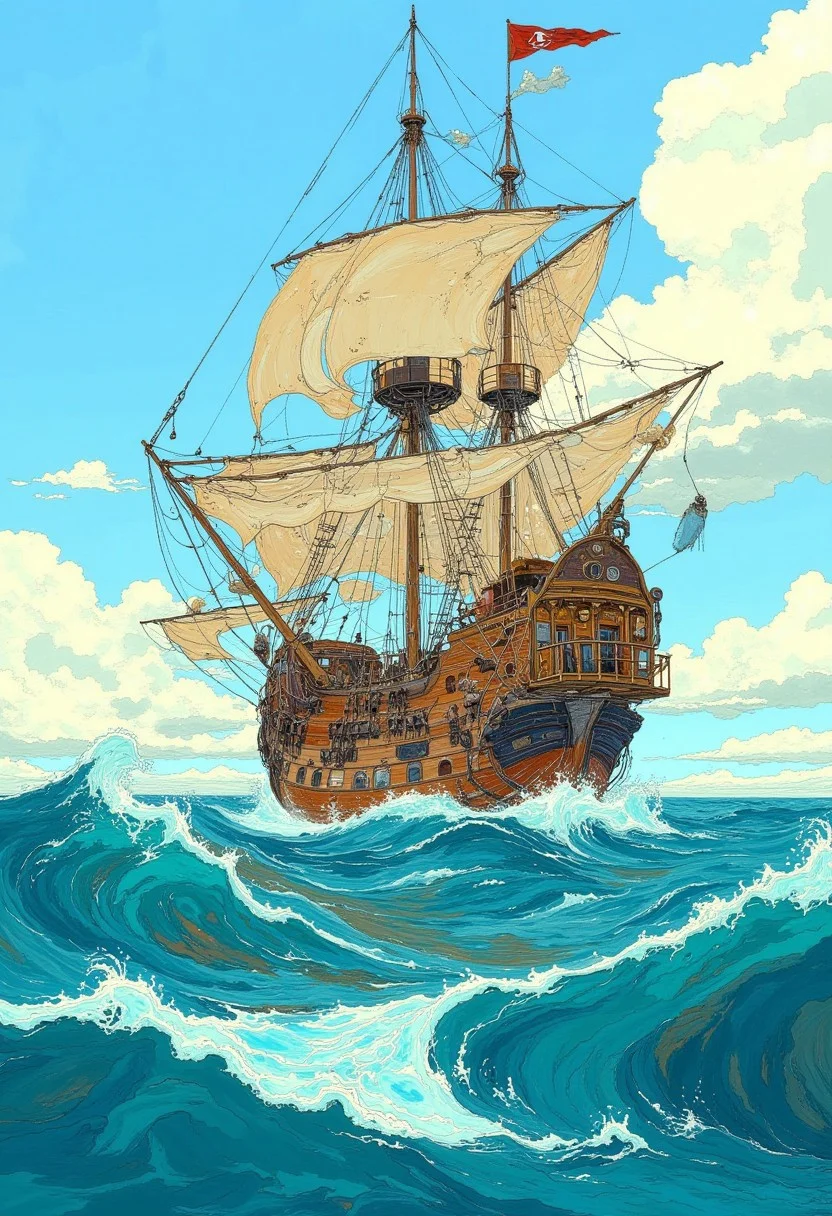 DB4RZ, comic cook illustration of pirate ship in the Caribbean sea, with a partially cloudy sky.