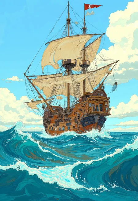 DB4RZ, comic cook illustration of pirate ship in the Caribbean sea, with a partially cloudy sky.