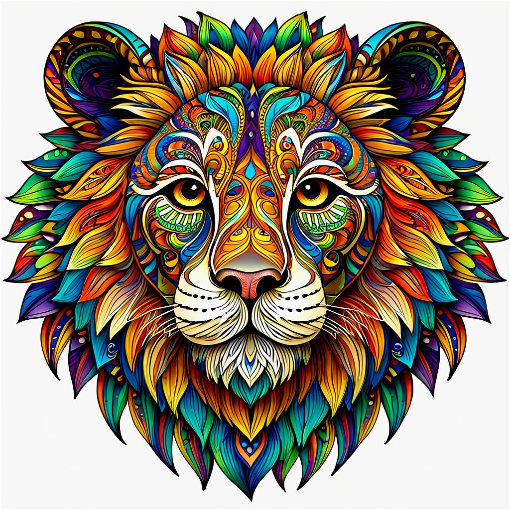create a straight forward image of a Lions face made of intricate and complex mandala designs, extremely beautiful colors showing an aura of beauty, blend rainbow colors in an Ambre, UHD, 32K