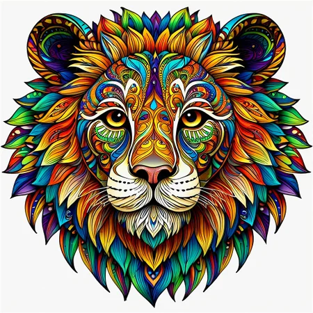 create a straight forward image of a Lions face made of intricate and complex mandala designs, extremely beautiful colors showing an aura of beauty, blend rainbow colors in an Ambre, UHD, 32K