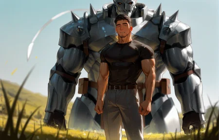 <lora:Random_style_lora_Illustrious:1>, ((rtxon, scenry, depth of field, wide shot, Alphonse Mucha)), man, ,, masterpiece,best quality,amazing quality,very aesthetic,high resolution,ultra-detailed,absurdres,
solo, male focus, muscular male, muscular male, bara, mature, (very short hair, beard, bara, mature, facial hair, stubble), facial hair, bara, mature,
aixiwuganda_(20222192), very awa, masterpiece, best quality, absurdres, newest, perfect quality, detailed background, intricate details,
<lora:slider_Body Type_alpha1.0_rank4_noxattn_last:2><lora:style_Anime Summer Days 2 Style SDXL_LoRA_Pony Diffusion V6 XL:.6><lora:slider_cfg_scale_boost:.7><lora:Artist6p:.55> Artist6p, Artist04p,<lora:slider_il_brightness_slider_d1:-1><lora:slider_il_contrast_slider_d1:-1><lora:slider_DarkSlider1.2_alpha1.0_rank16_full_300steps:-.6>