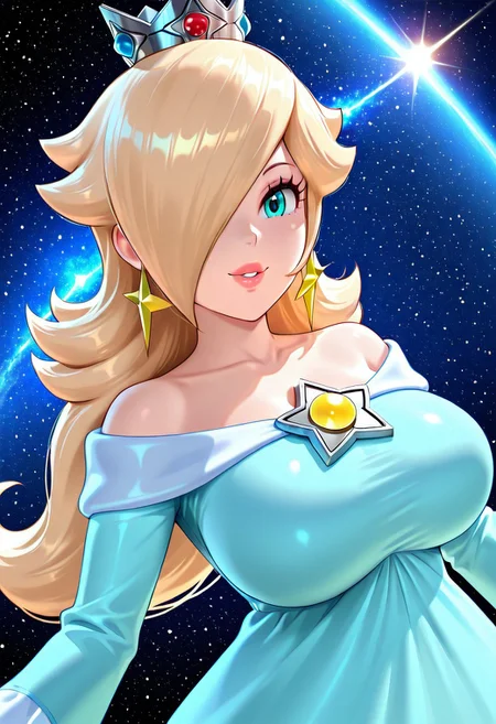 Highest quality,easynegative,
dynamic anglre, dutch angle,
looking at viewer,space,star,smile,parted lips,
Rosalina,blonde hair,long hair,hair over one eye,wavy hair,aqua eyes,lipstick,huge breasts,crown,earrings,light blue dress,