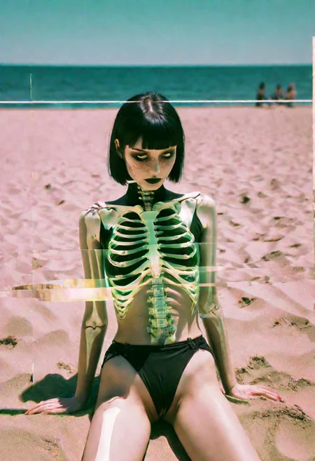 hyper realism, IR photo, light leaks, (split screen overlay , x-ray view:1.3), double exposure, (glitched image:1.2), a glitched out beautiful goth model relaxing on a sunny beach, pixelation, sinusoidal distortions, screen tear, post modern deconstruction, molecular view, vibrational spiral signals, (overlay, split screen image:1.1), abstractions, experimental, professional, highly detailed, thought-provoking masterpiece