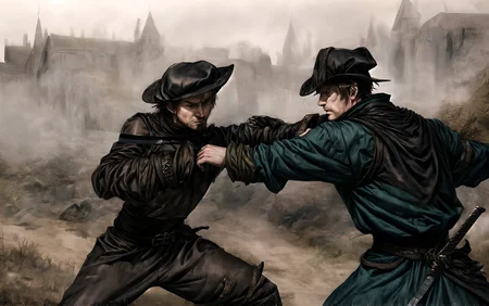 medieval, fantasy, dirt road background,
  fighting scenario, intense fighting, swords, 
 2males, tudor flat hat, wearing a medieval ranger outfit,
HD, very detailed,
 <lora:more_details:1.0>, <lora:Medieval_Headwear:1.0> mehe, <lora:Darkness:0.9> darkness, <lora:Bloodborne:0.1>