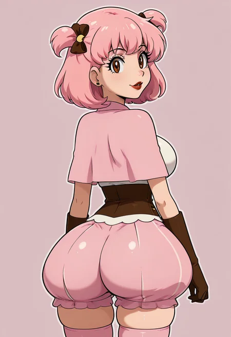 masterpiece, best quality, solo, curvy, beautiful eyes, narrow waist, large breasts, 1girl, solo, smile, looking at viewer, zzMomo, brown eyes, short hair, pink hair, hair bow, two side up, hair ornament, hair ribbon, capelet, white shirt, brown gloves, puffy shorts, pink thighhighs, zettai ryouiki, ,<lora:MomoByKurumiErika_IXL:1.0>, , solo, looking at viewer, simple background, ass, cowboy shot, looking back, from behind, hair over one eye, lips, skindentation, makeup, piercing, cross, lipstick, ear piercing, eyeshadow, shiny clothes, gothic, <lora:ElfFio_IXL_v2:0.8>,